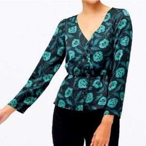 NWOT J. Crew Peplum Blouse Black and Emerald Green Holiday